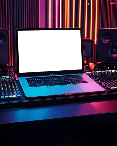 Macbook Air M1 Mockup On Dj Mixing Desk In Neon Lit Recording Studio With Speakers