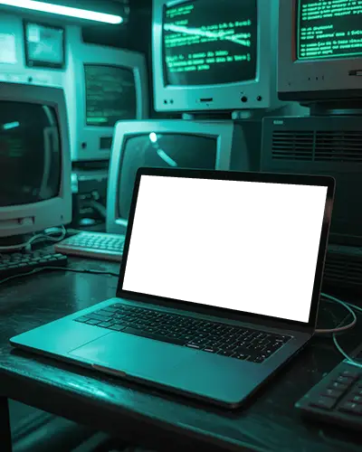 Macbook Pro M1 Mockup In Retro Cyber Lab With Vintage Monitors And Green Terminal Glow