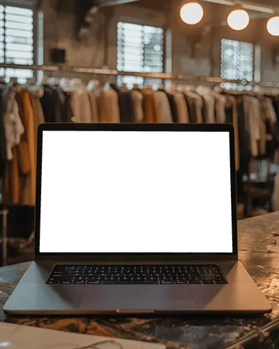 Macbook Pro M1 On Designer Desk With Stylish Clothing Rack In Blurred Fashion Backdrop