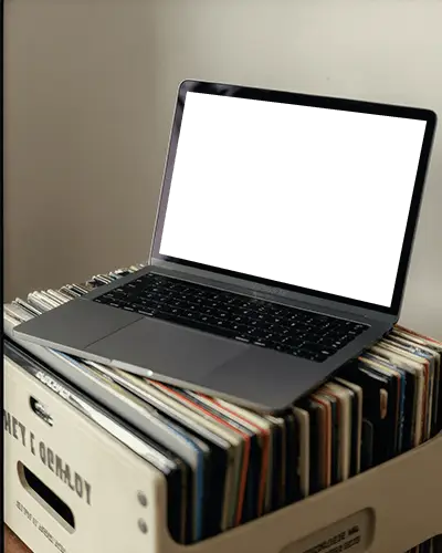 Macbook Air M1 Mockup On Vintage Record Crate Perfect For Retro Music And Creative Scenes
