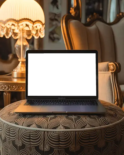 Macbook Air M1 Mockup On Decorative Ottoman In Vintage Luxury Room With Classic Furniture