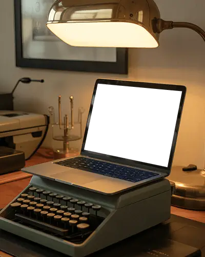 Macbook Pro M1 Mockup On Retro Typewriter In Warm Lit Study With Vintage Writer Aesthetic