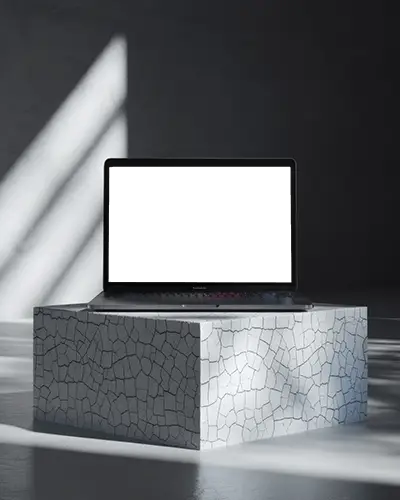 Elegant Studio Mockup Of Macbook Air M1 On Textured Cube In Clean Monochrome Light Space