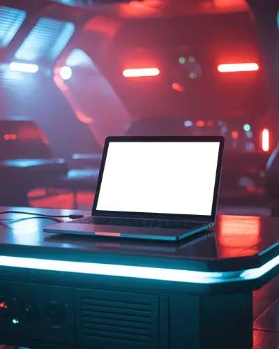 Macbook Pro M1 Mockup On Sci Fi Console In Futuristic Spaceship Room With Red And Blue Lights