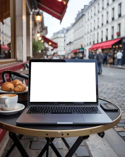 Macbook Air M1 Mockup On Outdoor Cafe Table With Croissant Coffee And European Street View