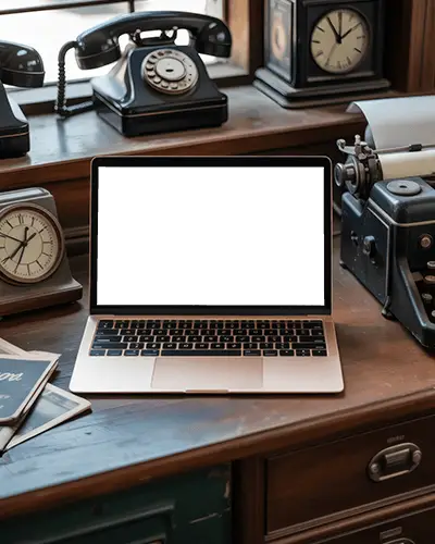 retro-office-mockup-scene-with-macbook-pro-m1-amid-classic-typewriter-and-dial-phones