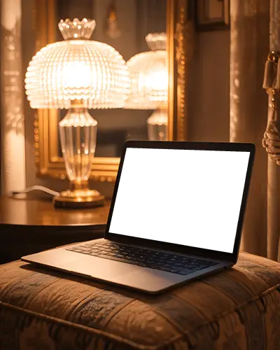 macbook-pro-m1-mockup-on-upholstered-stool-with-glass-lamp-and-vintage-bedroom-decor