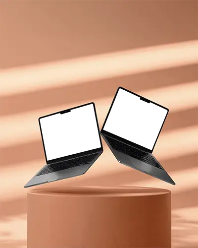 floating-dual-macbook-m4-pro-mockup-on-round-podium-with-soft-peach-studio-lighting