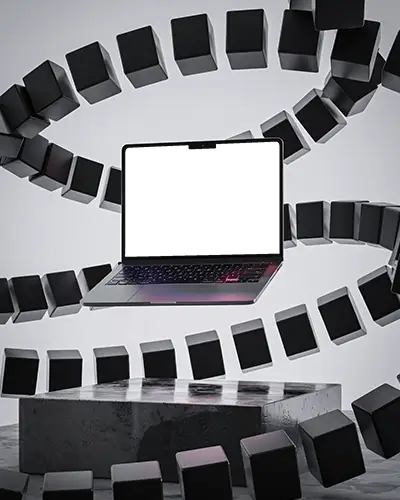 macbook-m3-air-mockup-hovering-in-spiral-black-block-formation-on-textured-dark-pedestal