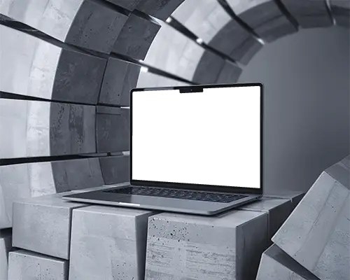 futuristic-macbook-air-m4-mockup-on-sculpted-stone-platform-surrounded-by-curved-brick-forms