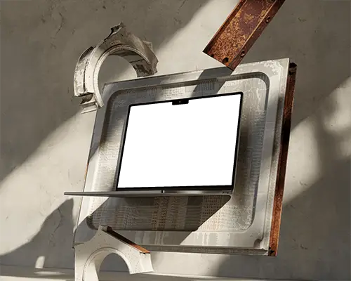 macbook-air-m4-mockup-mounted-in-rusted-metal-frame-with-broken-arches-and-soft-studio-light