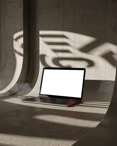 artistic-macbook-pro-m1-mockup-in-arched-stone-room-with-abstract-light-patterns-and-depth