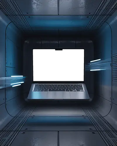 macbook-air-m2-mockup-floating-in-sci-fi-metal-tunnel-with-blue-glow-and-spotlight-streaks