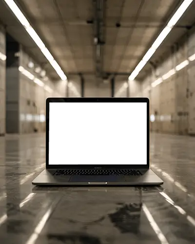 macbook-air-m1-mockup-on-polished-floor-in-industrial-hallway-with-overhead-lighting-grid
