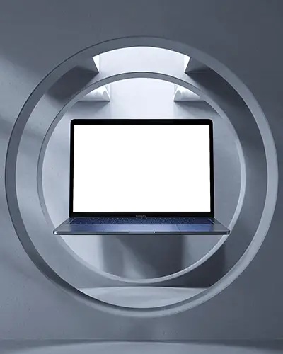 macbook-air-m1-mockup-floating-in-architectural-ring-structure-with-soft-light-and-shadow-depth