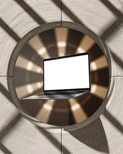 macbook-pro-m1-mockup-floating-in-sunburst-lit-circular-wall-opening-with-architectural-shadows