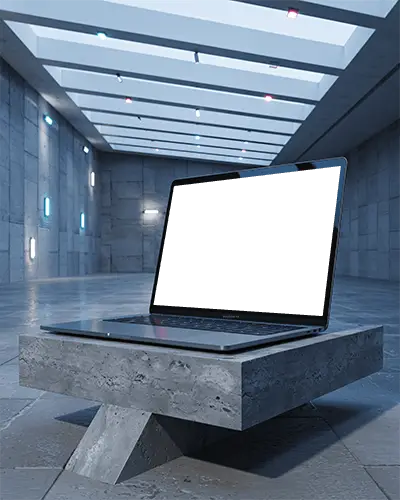 futuristic-concrete-room-macbook-air-mockup-on-geometric-stone-table-under-soft-ceiling-lights