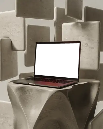 Abstract Backdrop Macbook M1 Pro Mockup On Organic Textured Pillar In Sculptural Room
