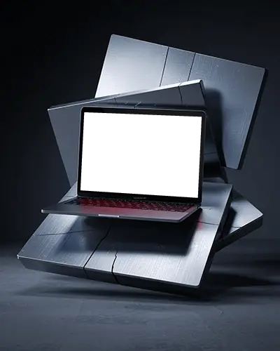 M1 Air Mockup On Stacked Metallic Tiles In Dark Moody Room With Industrial Sci Fi Lighting