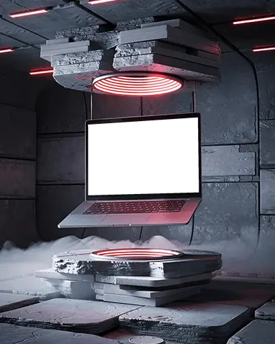 M1 Pro Mockup Suspended In Sci Fi Lab With Red Glow And Floating Stone Platform Setup