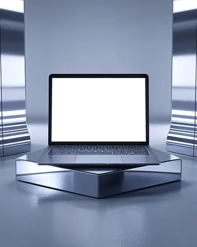 M1 Pro Mockup In Symmetric Metallic Tunnel With Polygonal Base And Directional Lights