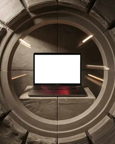 M1 Air Mockup In Circular Stone Chamber With Dramatic Light Streaks And Sci Fi Vault Vibes