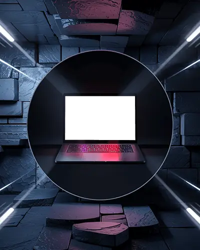 M1 Pro Mockup In Dark Sci Fi Cube Room With Glowing Red Reflections And Surround Light Beams