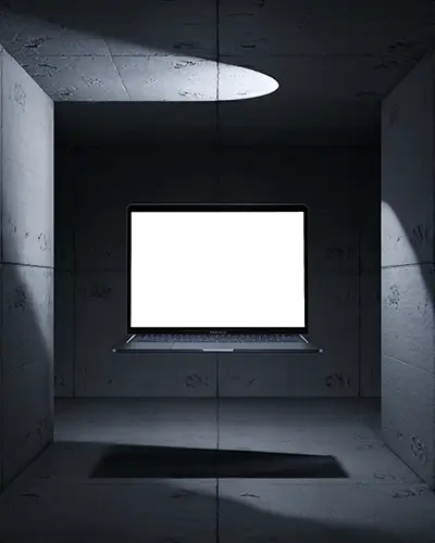 M1 Air Floating Mockup In Dark Concrete Room With Spotlight And Shadow Casting On Wall