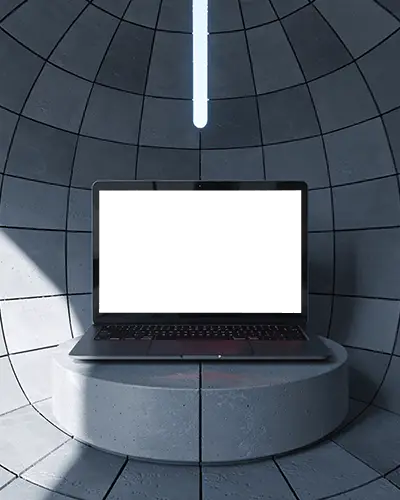 M1 Pro Mockup On Round Platform In Tiled Concrete Dome With Central Glow Light Above