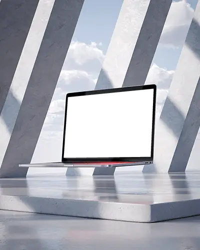 M1 Pro Mockup Floating On Smooth Platform In Open Architectural Space With Sky And Shadow Lines