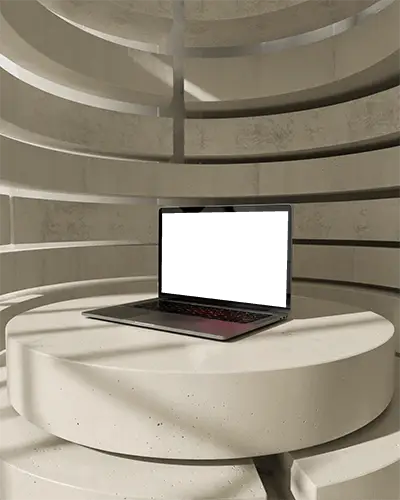 M1 Pro Mockup On Round Podium In Curved Architectural Space With Soft Sunlight And Shadows