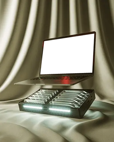 M1 Air Mockup Hovering Above Futuristic Pod In Draped Fabric Room With Soft Golden Light