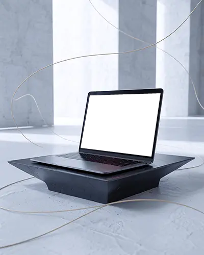 M1 Pro Mockup On Angular Dark Platform In White Studio With Floating Wires And Soft Light