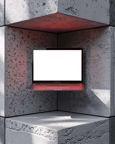 M1 Air Mockup Floating In Concrete Corner Niche With Red Underglow And Hard Light Shadows