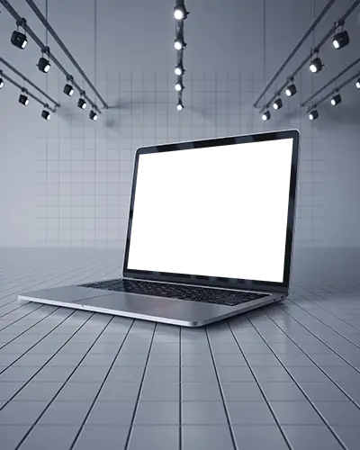 M1 Pro Mockup In Grid Floor Studio With Overhead Spotlights And Precise Linear Lighting