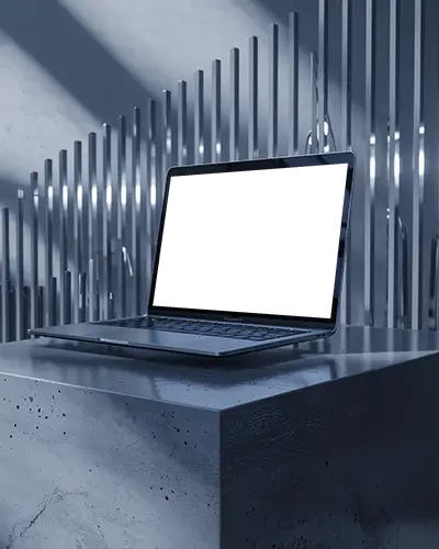 M1 Air Mockup On Polished Concrete Podium With Metal Pipe Backdrop And Cool Toned Light