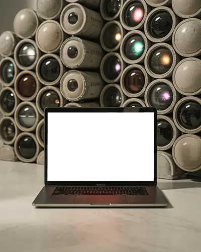 M1 Air Mockup On Marble Surface With Retro Camera Lens Wall And Warm Ambient Lighting