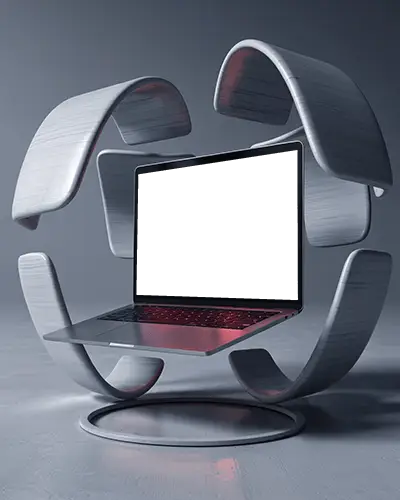 Surreal Tech Display Of M1 Pro Inside Abstract Circular Frame With Floating Arched Elements