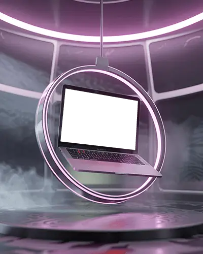 M1 Air Mockup Floating Inside Neon Ring Swing With Futuristic Purple Glow And Fog Effect