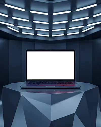 M1 Pro Mockup On Geometric Pedestal In Futuristic Room With Symmetric Ceiling Light Bars