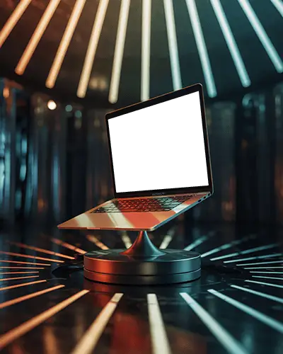 M1 Air Mockup On Metallic Pedestal In Sci Fi Tunnel With Radial Light Strips And Glow