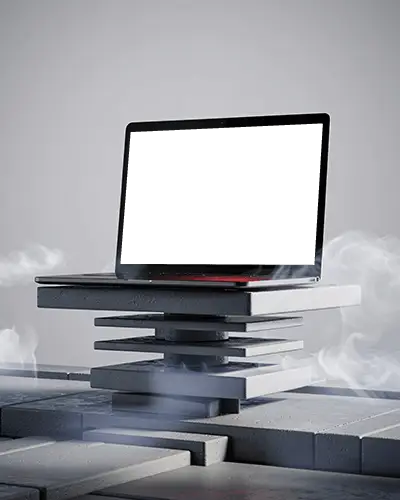 M1 Pro On Balancing Concrete Platform With Steam Rising In Minimalist Dreamlike Scene