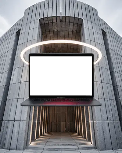 M1 Air Mockup Floating In Architectural Archway With Glowing Halo Ring And Symmetric Lines