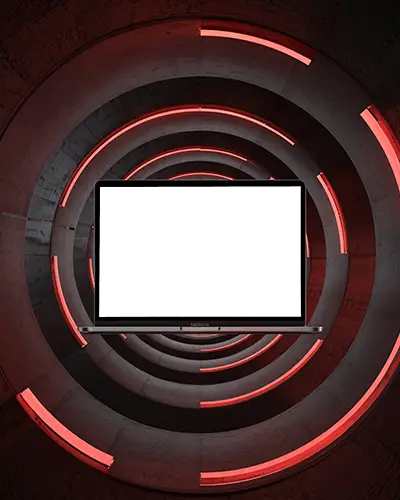 M1 Air Mockup Centered In Sci Fi Red Ring Tunnel With Depth Illusion And Glowing Accents