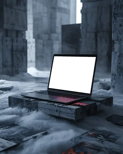 Cinematic Display Of M1 Pro In Abandoned Structure With Floating Mist And Stone Columns