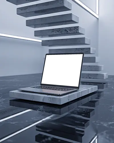 M1 Air Mockup On Polished Marble Floor With Floating Stone Stairs And Modern Led Lighting