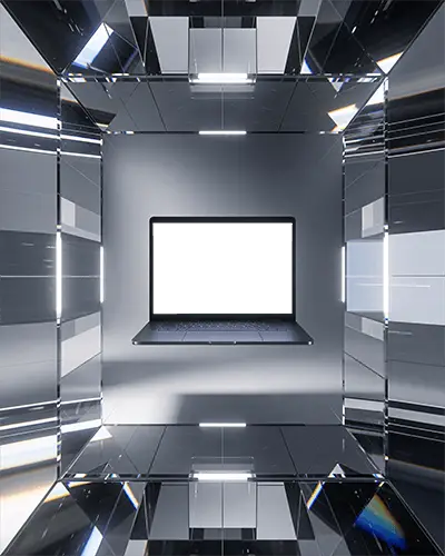 M1 Pro Mockup Floating In Glass Cube Room With Mirrored Surfaces And Crisp Studio Lighting