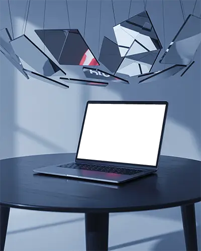 M1 Pro Mockup On Round Dark Table With Suspended Broken Mirrors In Modern Blue Studio