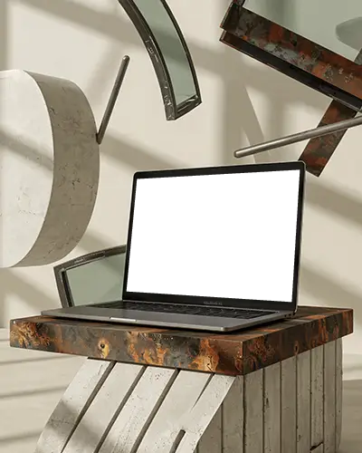 M1 Air Mockup On Textured Wooden Block With Floating Glass Sculptures And Concrete Art