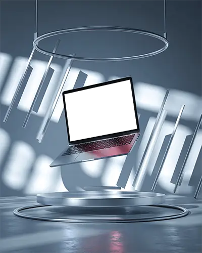 Futuristic Floating M1 Pro Mockup Inside Metallic Ring Frame With Abstract Light Shadows